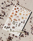 Adelfi takspad with pressed flowers decorating the cover and a gold-tone coil binding at the top and a cream colored Adelfi pen with gold accents on top against a raw canvas and purple flower background.
