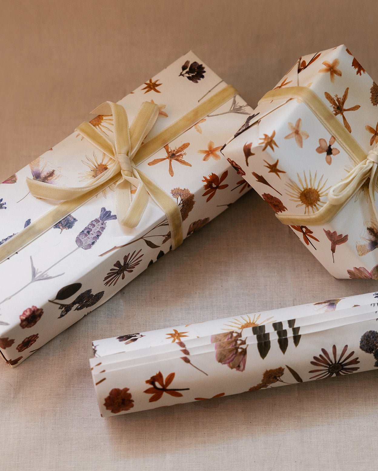 Pressed flowers gift wrap modeled in use as presents with white ribbon and rolled up against a beige background.