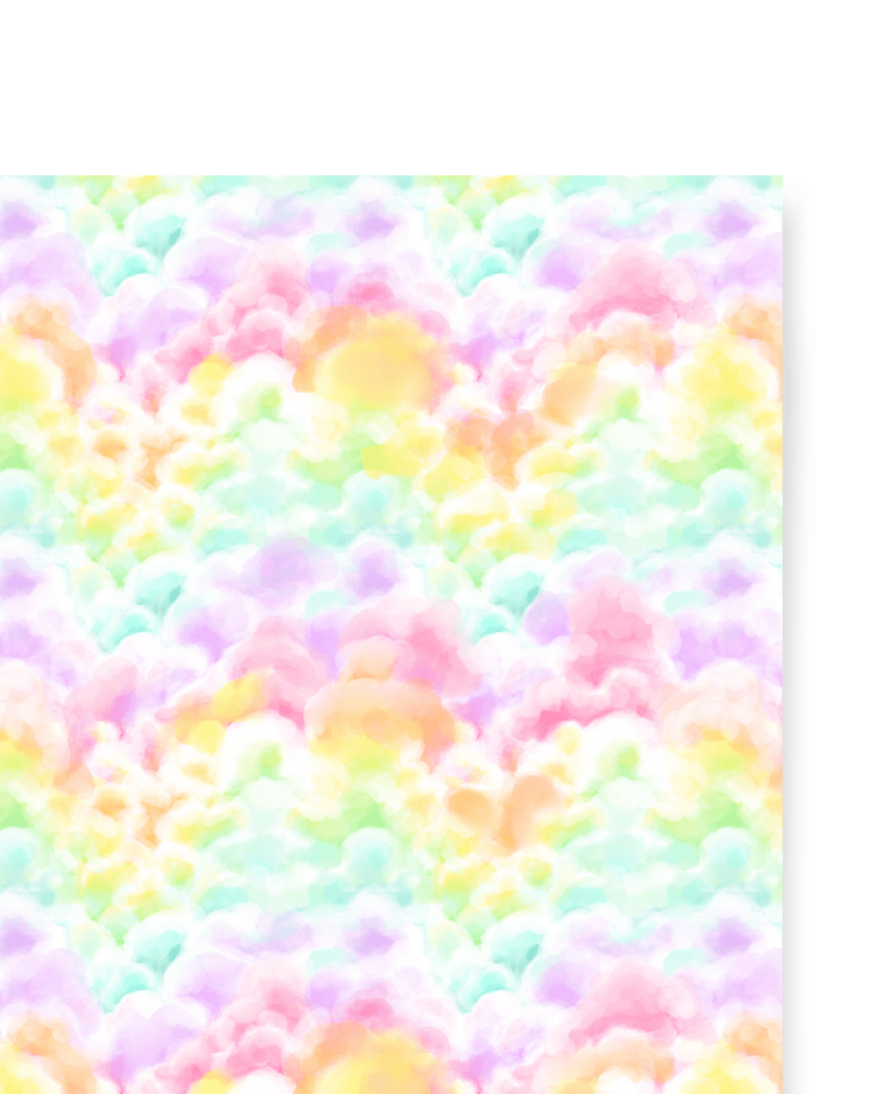 Single sheet of rainbow clouds gift wrap. A pastel rainbow design on layers of thick Cumulonimbus clouds.