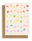 Various rainbow-colored mushrooms printed on a cream background. Shown with kraft envelope.