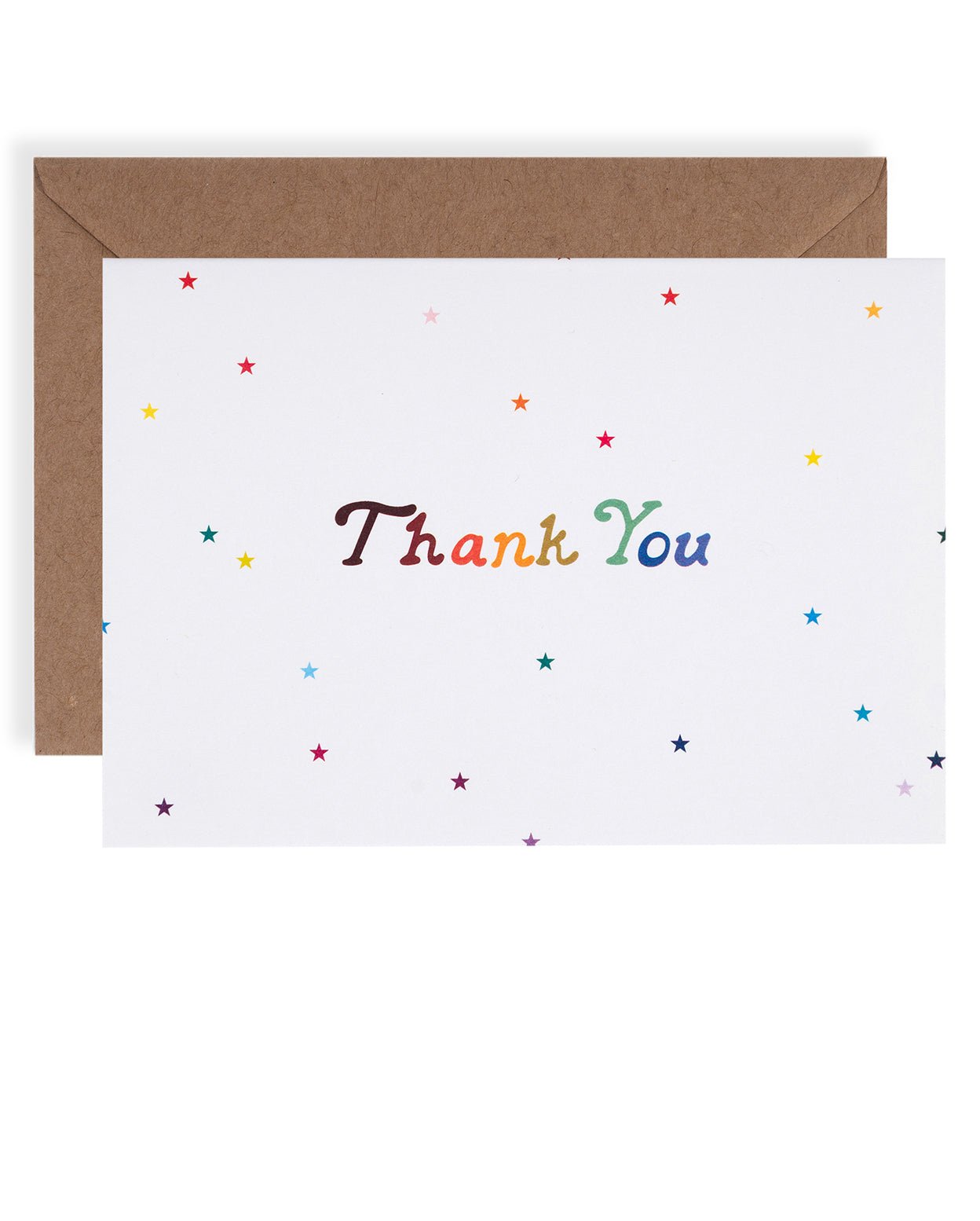 Rainbow stars thank you card. Rainbow colored letters printed on white cardstock with rainbow colored little stars spaced sparingly resting on a kraft envelope.