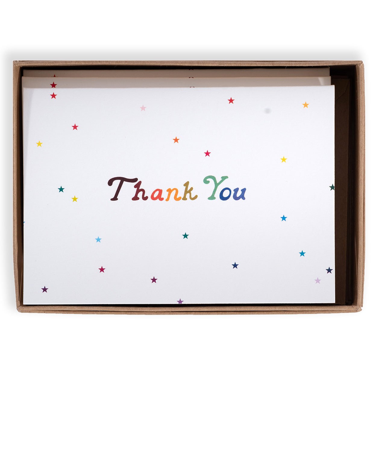  Rainbow stars thank you card with rainbow colored letters printed on white cardstock in kraft packaging.