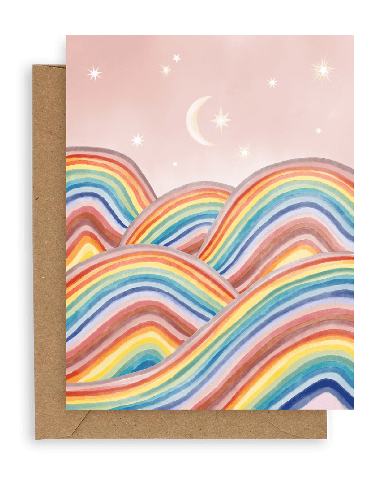 Landscape card with pink sky, moon, stars and rainbow mountains. Shown with kraft envelope. 