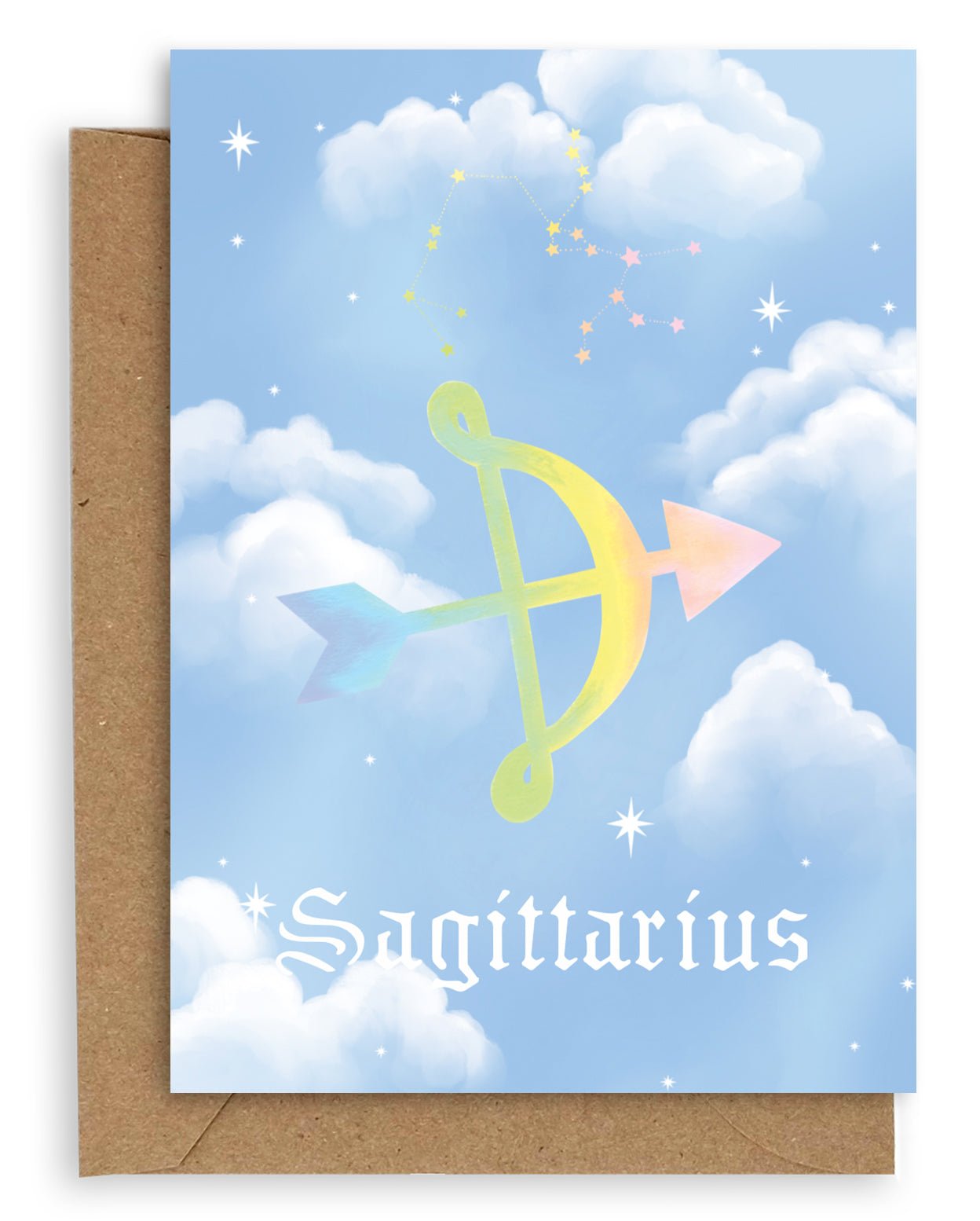Sagittarius  Horoscope card with a kraft envelope. The horoscope symbol is painted in rainbow pastel on a blue background with white clouds. 