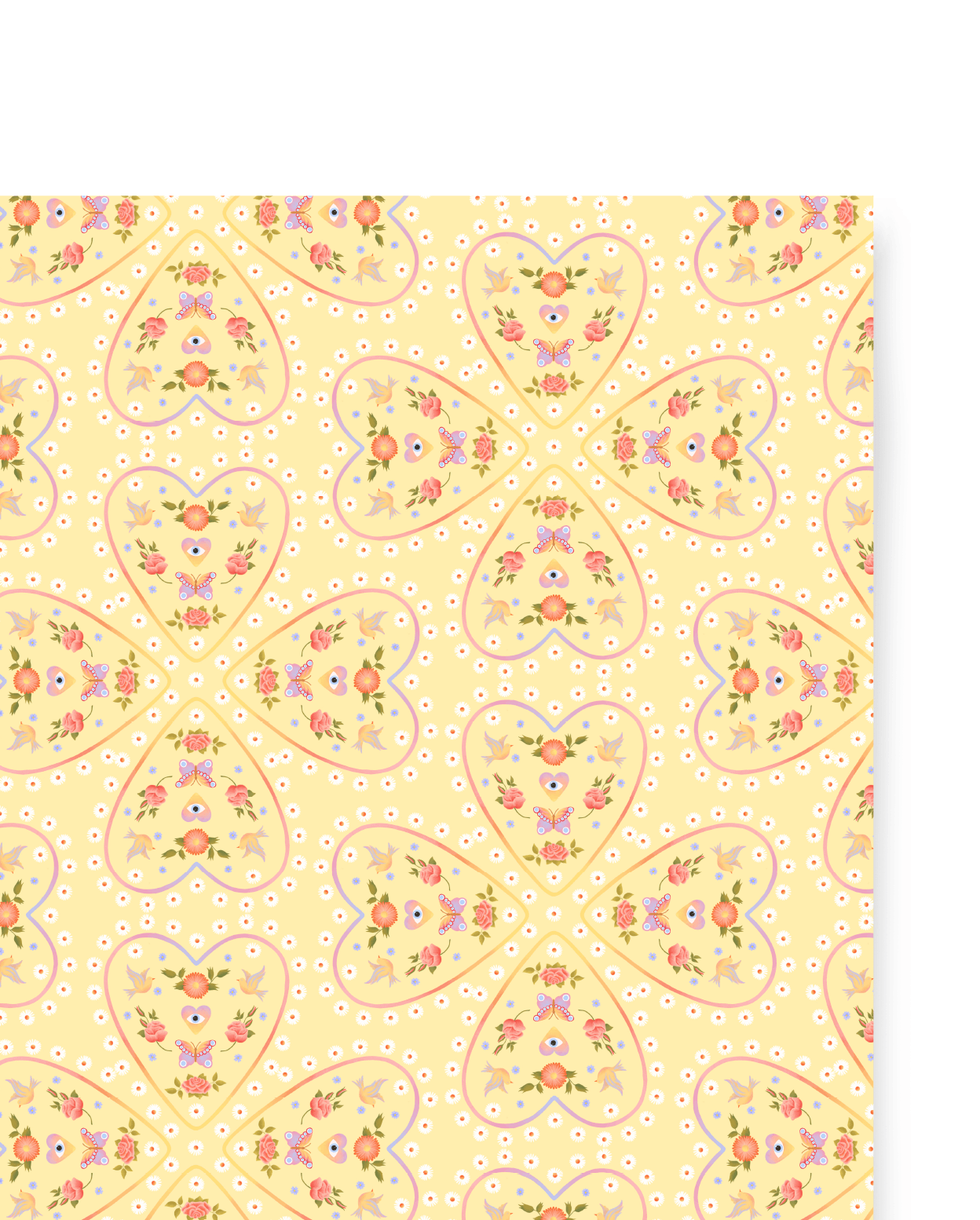 Single sheet of Mirrored Hearts gift wrap. Four hearts facing inward filled with doves, flowers, and hearts with eyes printed on a custard colored sheet.