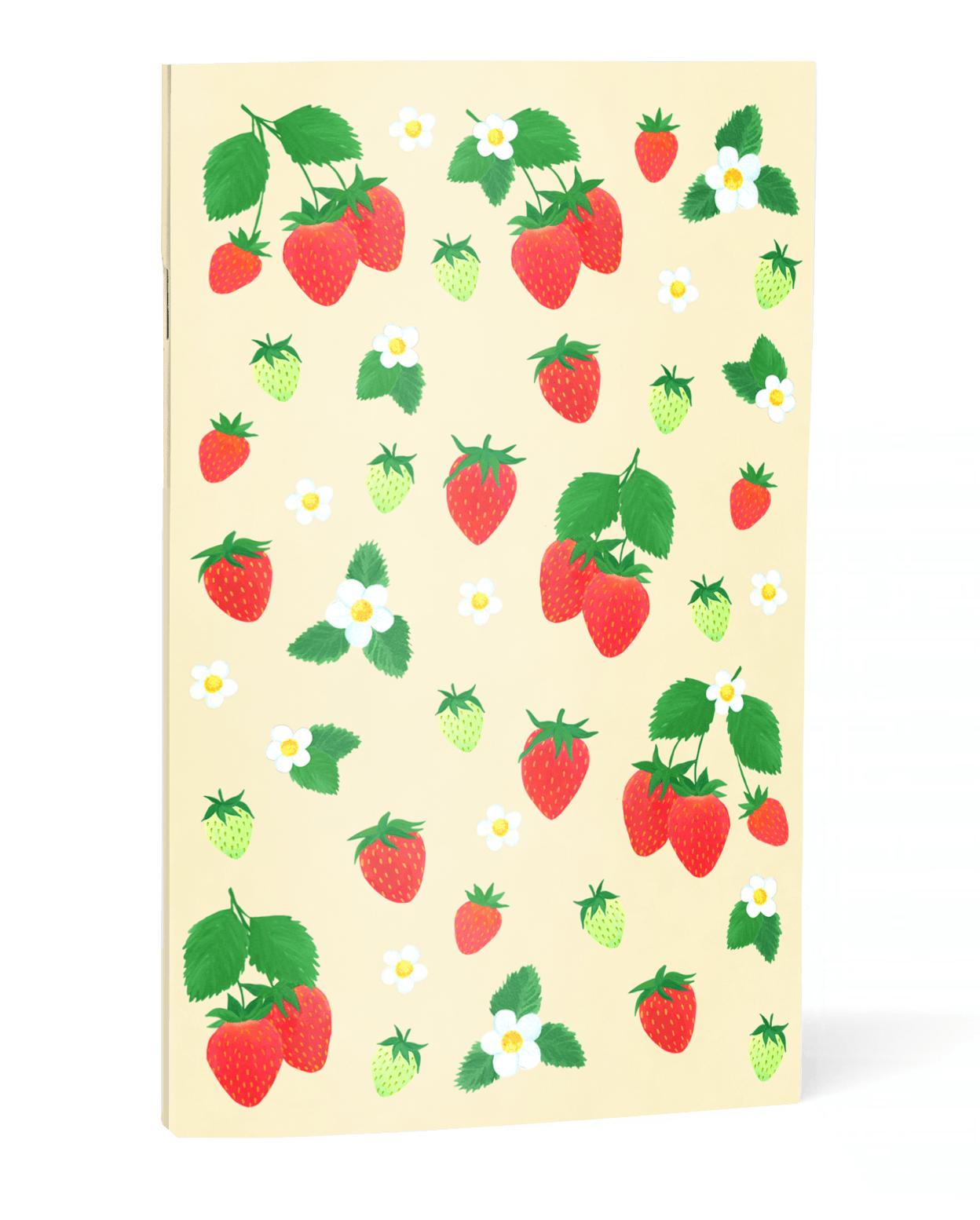 Front view of the strawberries pocket notebook with varying kinds of strawberries, loose and on stems, green and red, large and small, surrounded by white flowers with and without surrounding green leaves. Printed on a cream background.
