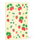 Front view of the strawberries pocket notebook with varying kinds of strawberries, loose and on stems, green and red, large and small, surrounded by white flowers with and without surrounding green leaves. Printed on a cream background.