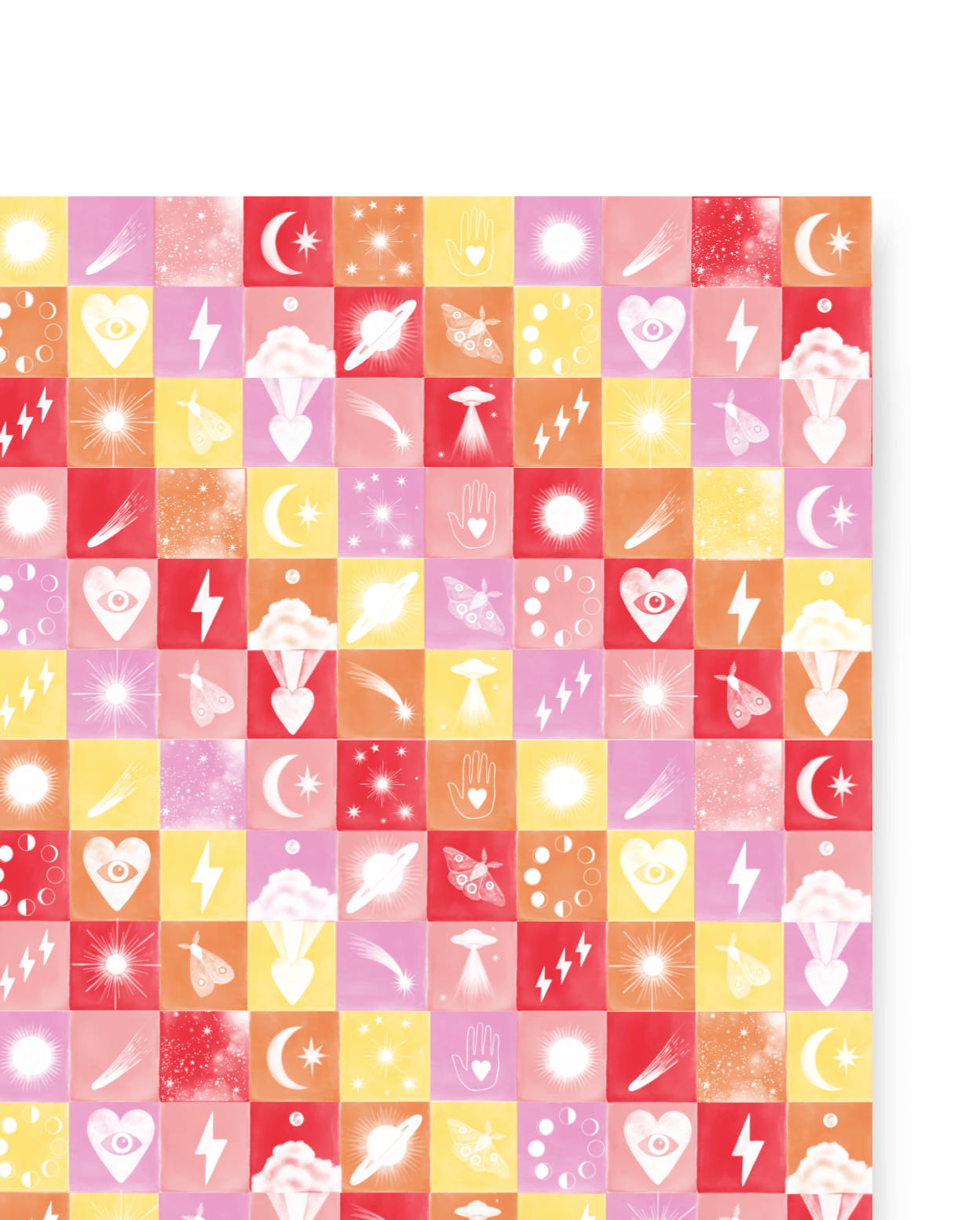 Single sheet of Summer Checkerboard gift wrap. Pink, purple, orange, yellow squares with neon icons of UFOs, hearts with eyes, moths, moons with stars, Saturn, shooting stars, moon phases, lightning bolts, moths, Hamsa hands, and a brightly burning star.