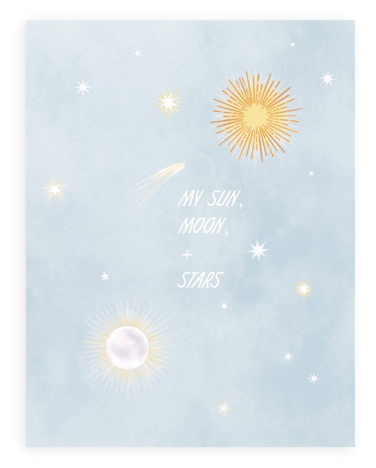 Blue sky with sun, moon, stars and text that reads "My Sun, Moon, + Stars." Shown on white background.