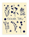Our forest flowers design, with three stems above and three below vertically with the words "Thank You" in the middle all in Navy Blue. Printed on a cream colored background. 