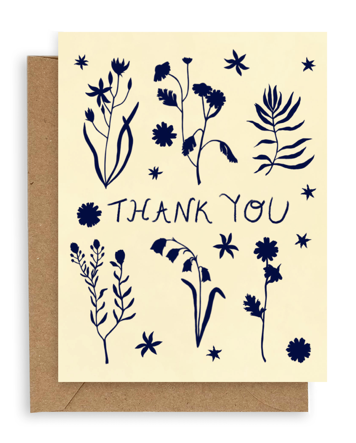 Our forest flowers design, with three stems above and three below vertically  with the words &quot;Thank You&quot; in the middle all in Navy Blue. Printed on a cream colored background. Shown with Kraft envelope. 