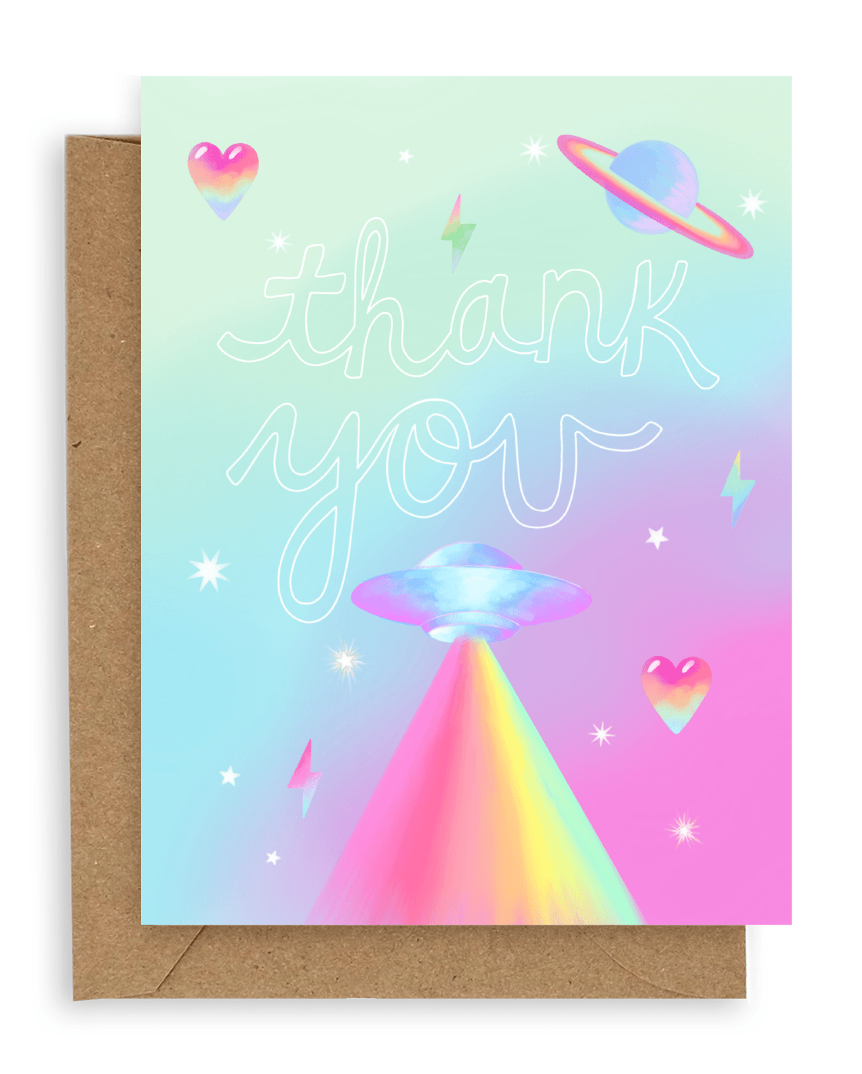 Neon icons such as stars, saturn, a ufo, and hearts surround the words &quot;thank you&quot; in hollowed out white font printed on a gradient pink and blue background. Shown with kraft envelope.