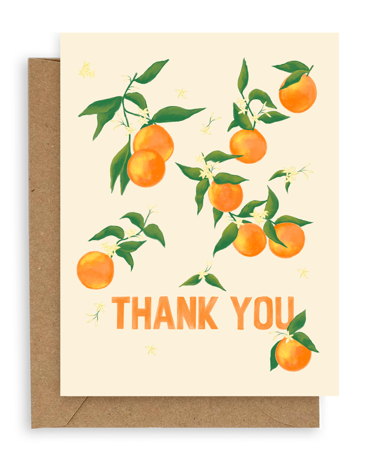 Oranges surround the words "thank you" in orange font printed on a cream background. Shown with kraft envelope.