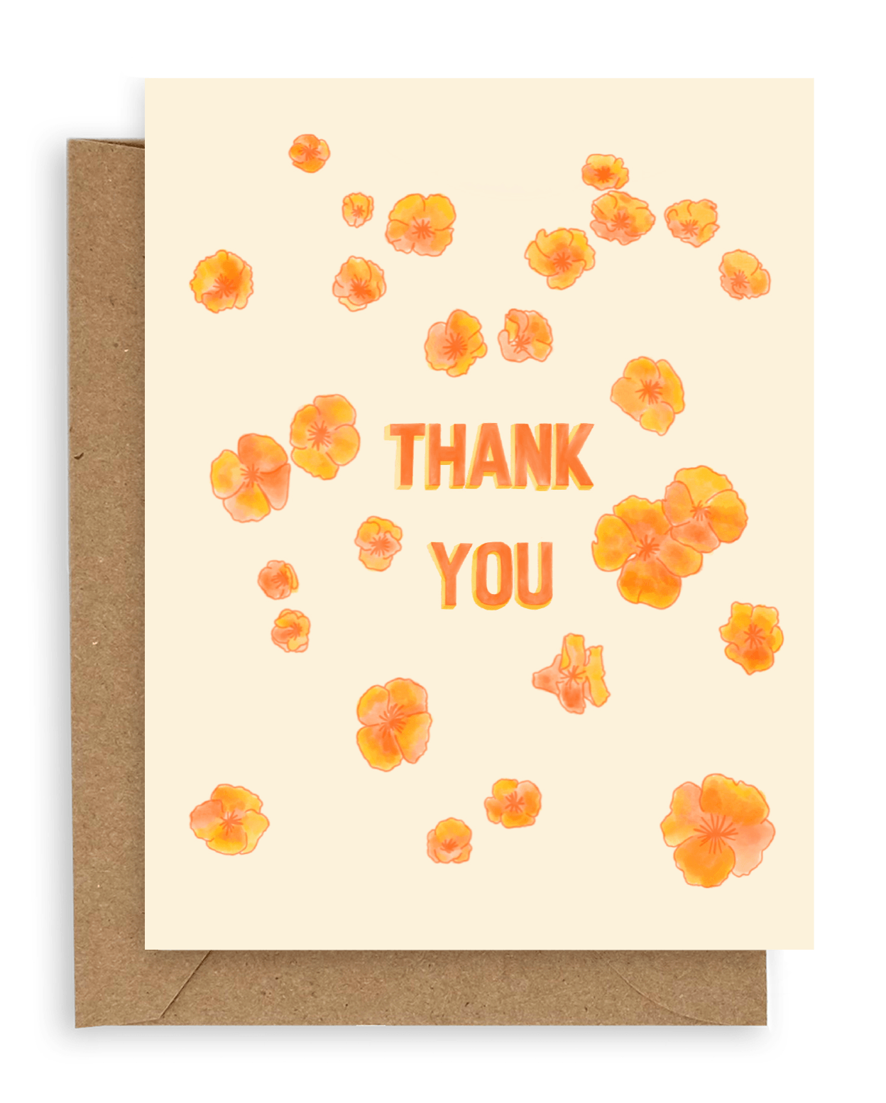 Orange California poppies surround the words "thank you" in orange font printed on a cream background. Shown with kraft envelope.
