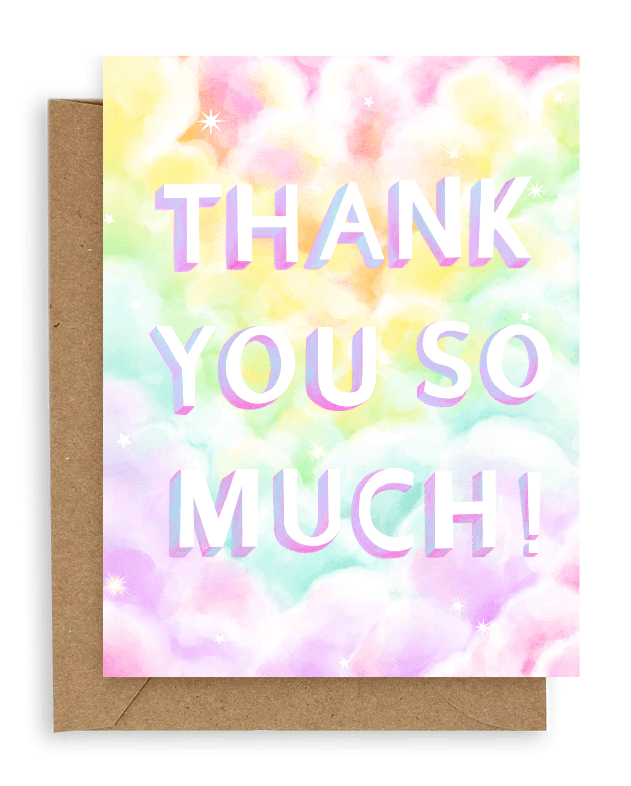 The words "thank you so much!" in white font printed on a rainbow clouds background. Shown with kraft envelope.