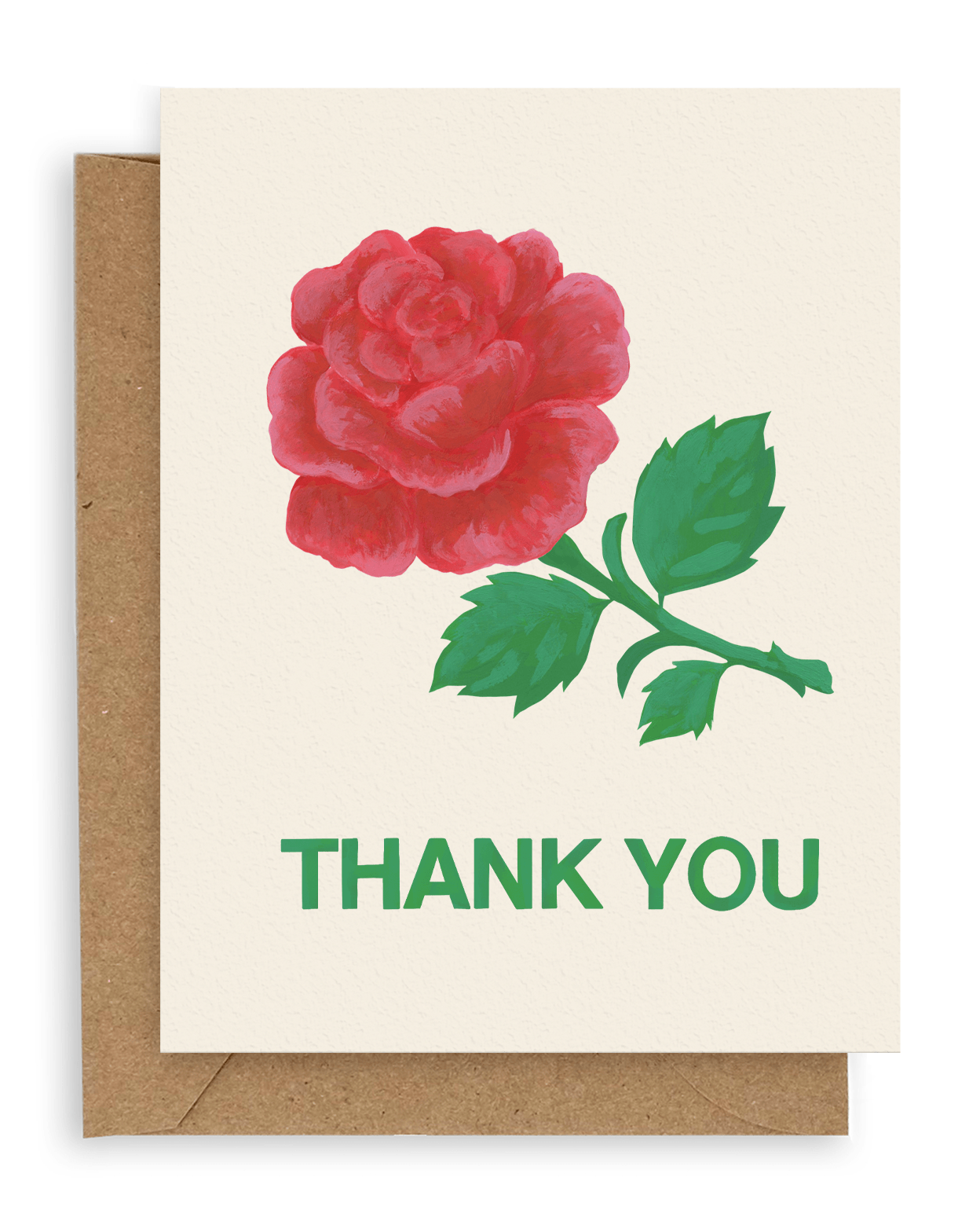  Cream colored background featuring a big red rose with a green stem and leaves, below it is written in green-colored font &quot;Thank You&quot; printed on cardstock with a kraft envelope.