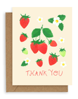 Red and green strawberries with white flowers arranged above the words "thank you" in red font printed on a cream background. Shown with kraft envelope.