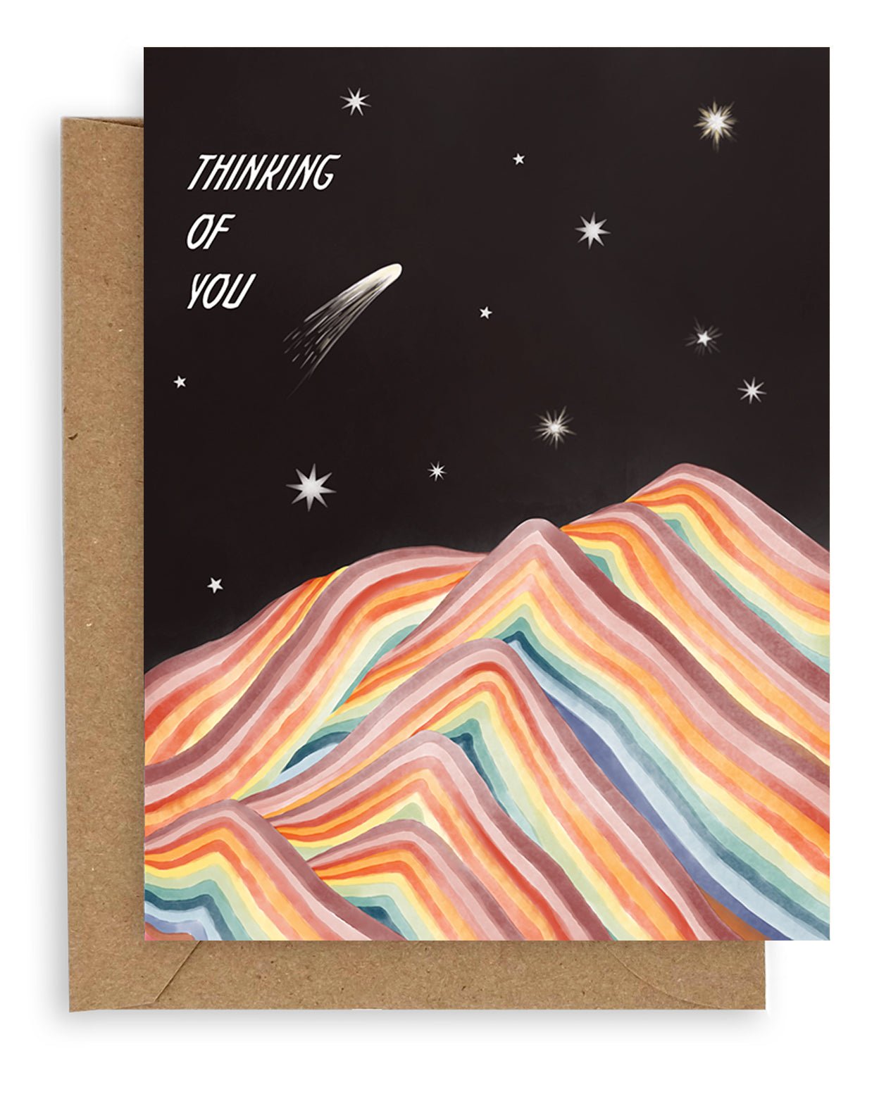A black sky background with various styles of stars above a rainbow mountain with &quot;Thinking of You&quot; in bold white text aligned at the upper left hand corner of the card printed on cardstock with a kraft envelope.