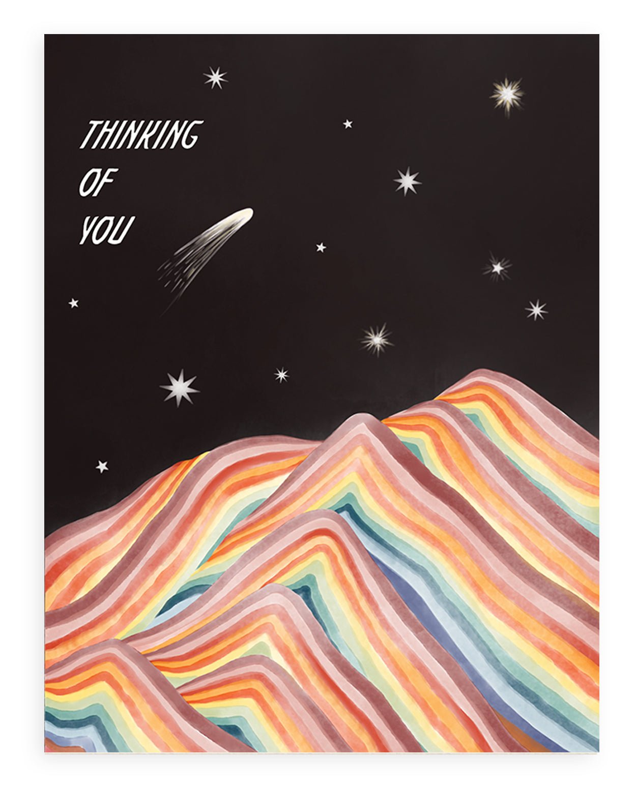 A black sky background with various styles of stars above a rainbow mountain with "Thinking of You" in bold white text aligned at the upper left hand corner of the card printed on cardstock against a white background.
