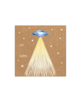 This Gift Sticker features a blue-silver UFO with a light beam surrounded by stars, with the words "To" and "From" written in cursive on the center left.