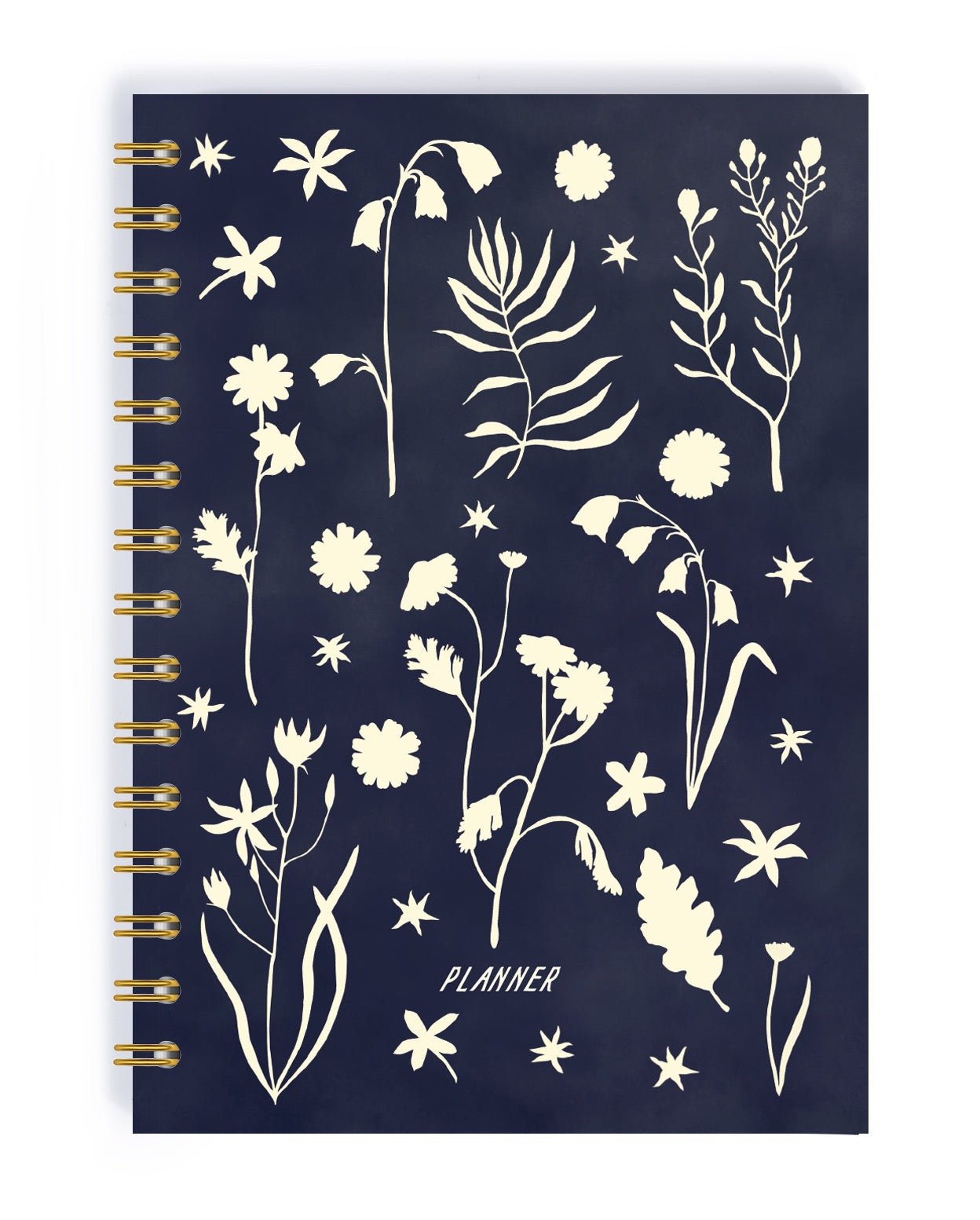 A photo of a notebook cover with cream flower and leaf outlines on a navy blue background with the words &quot;planner&quot; in caps-lock text at the bottom. 