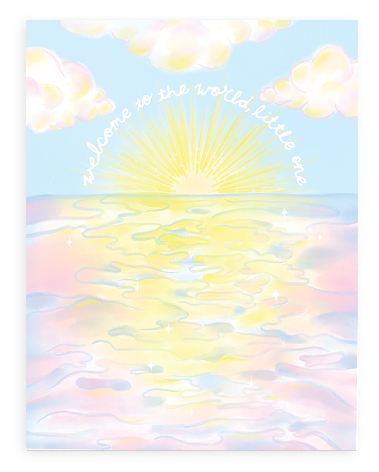 "Welcome To The World Little One" printed in white cursive font bending around a sunset over the ocean with a pink and blue cloudy landscape design printed on cardstock against a white background.