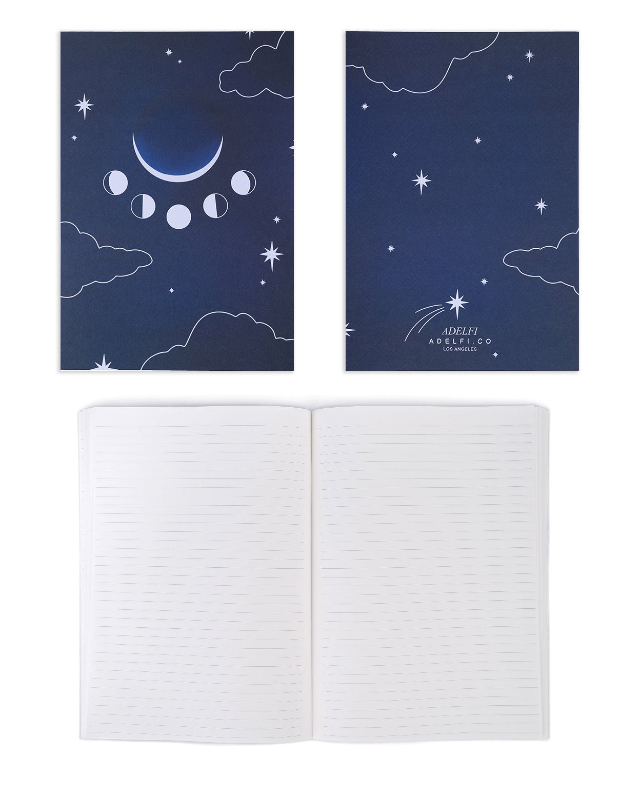Journal with clouds and moon phases on a dark blue background. Reverse view of dark blue night sky journal with Adelfi logo and a shooting star above it. Inside view of notebook with white lined paper.