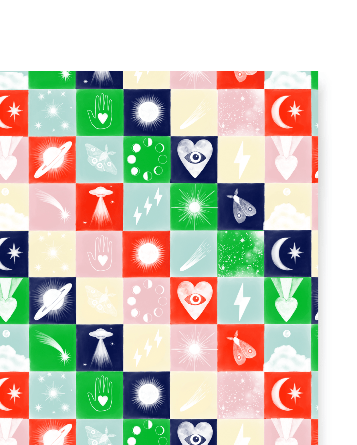 Single sheet of Winter Checkerboard gift wrap. Pink, blue, red, green, and yellow squares with neon icons of UFOs, hearts with eyes, moths, moons with stars, Saturn, shooting stars, moon phases, lightning bolts, moths, Hamsa hands, and a brightly burning star.