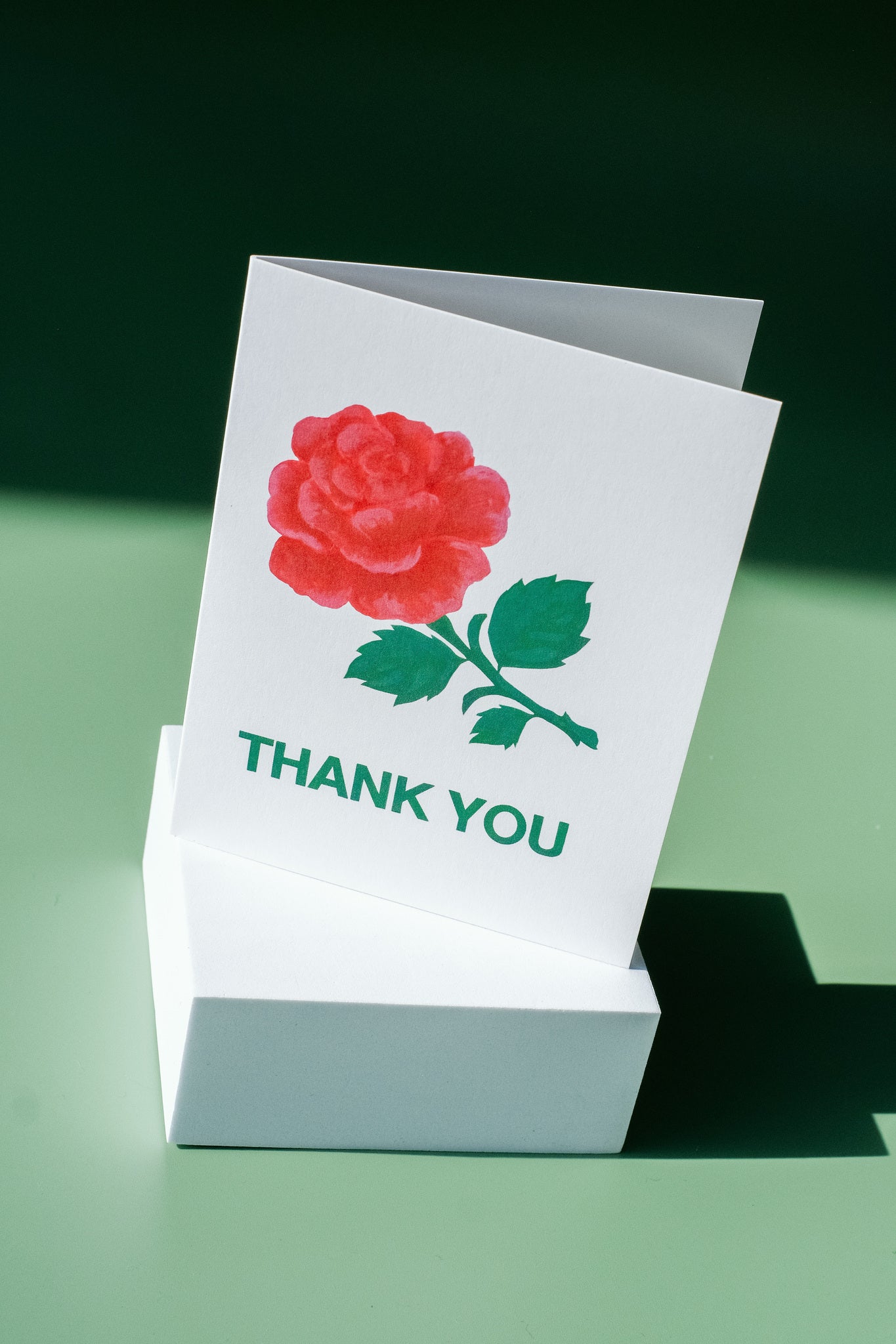 Cream colored background featuring a big red rose with a green stem and leaves, below it is written in green-colored font "Thank You" printed on cardstock on top of a white block with a green background.