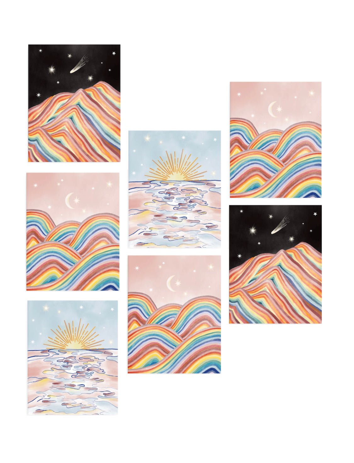 Landscape card pack. 1) Black sky with shooting stars and rainbow mountain. 2) Pink sky with moon, stars, and rainbow mountains. 3) Blue sky with sunset on a pink and yellow ocean.